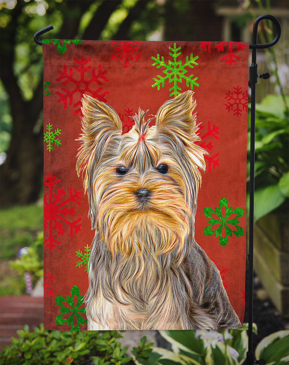 Red Snowflakes Holiday Christmas  Yorkie / Yorkshire Terrier Flag Garden Size KJ1184GF.