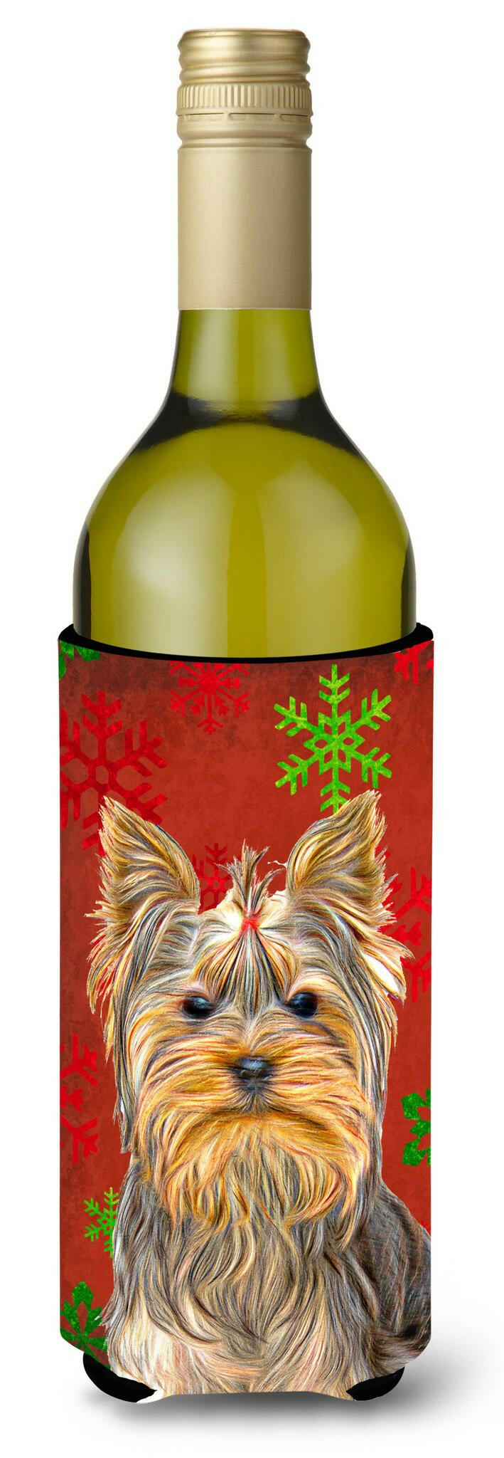 Red Snowflakes Holiday Christmas  Yorkie / Yorkshire Terrier Wine Bottle Beverage Insulator Hugger KJ1184LITERK by Caroline's Treasures