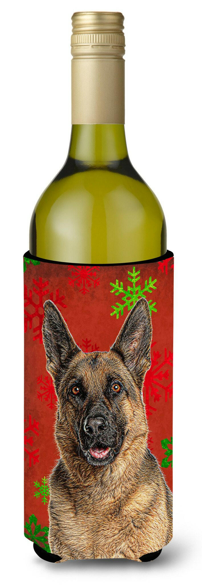 Red Snowflakes Holiday Christmas  German Shepherd Wine Bottle Beverage Insulator Hugger KJ1187LITERK by Caroline&#39;s Treasures