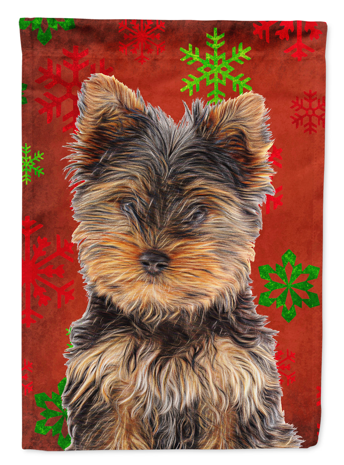 Red Snowflakes Holiday Christmas Yorkie Puppy / Yorkshire Terrier Flag Canvas House Size KJ1188CHF