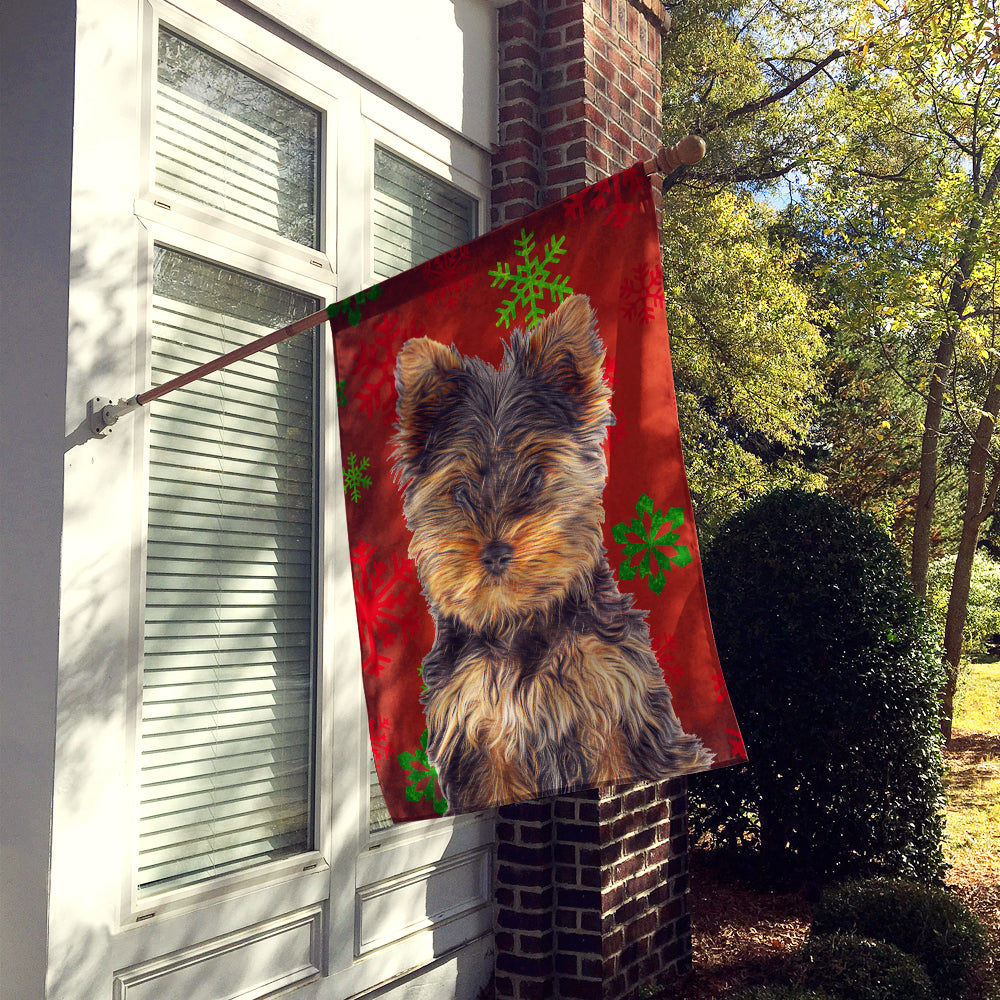 Red Snowflakes Holiday Christmas Yorkie Puppy / Yorkshire Terrier Flag Canvas House Size KJ1188CHF