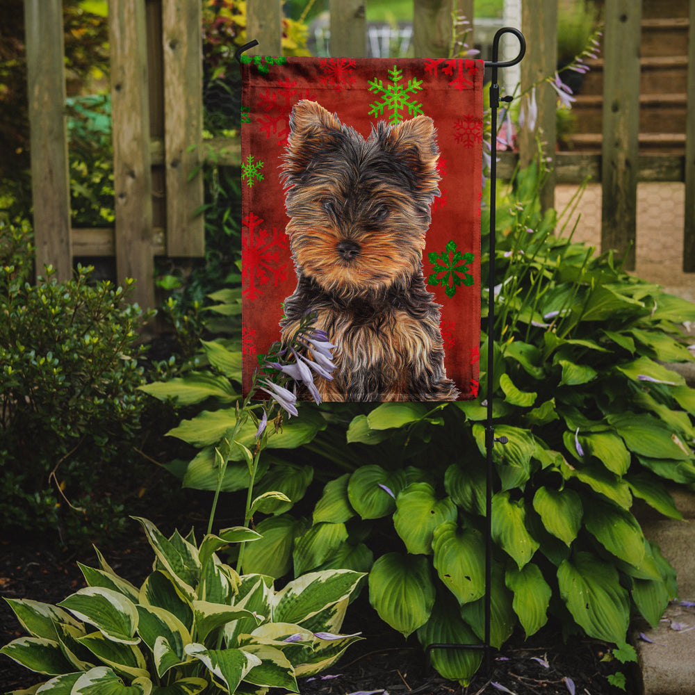 Red Snowflakes Holiday Christmas Yorkie Puppy / Yorkshire Terrier Flag Garden Size KJ1188GF.