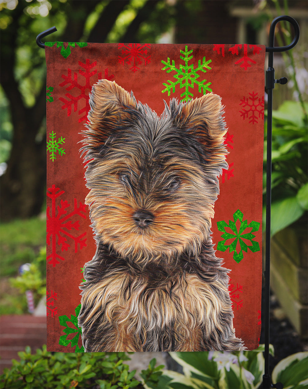 Red Snowflakes Holiday Christmas Yorkie Puppy / Yorkshire Terrier Flag Garden Size KJ1188GF