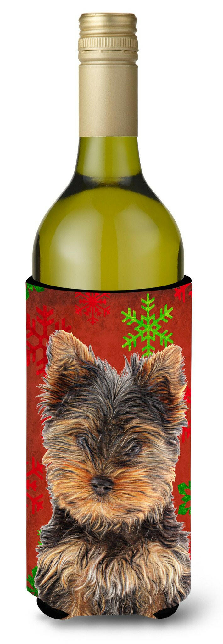 Red Snowflakes Holiday Christmas Yorkie Puppy / Yorkshire Terrier Wine Bottle Beverage Insulator Hugger KJ1188LITERK by Caroline&#39;s Treasures