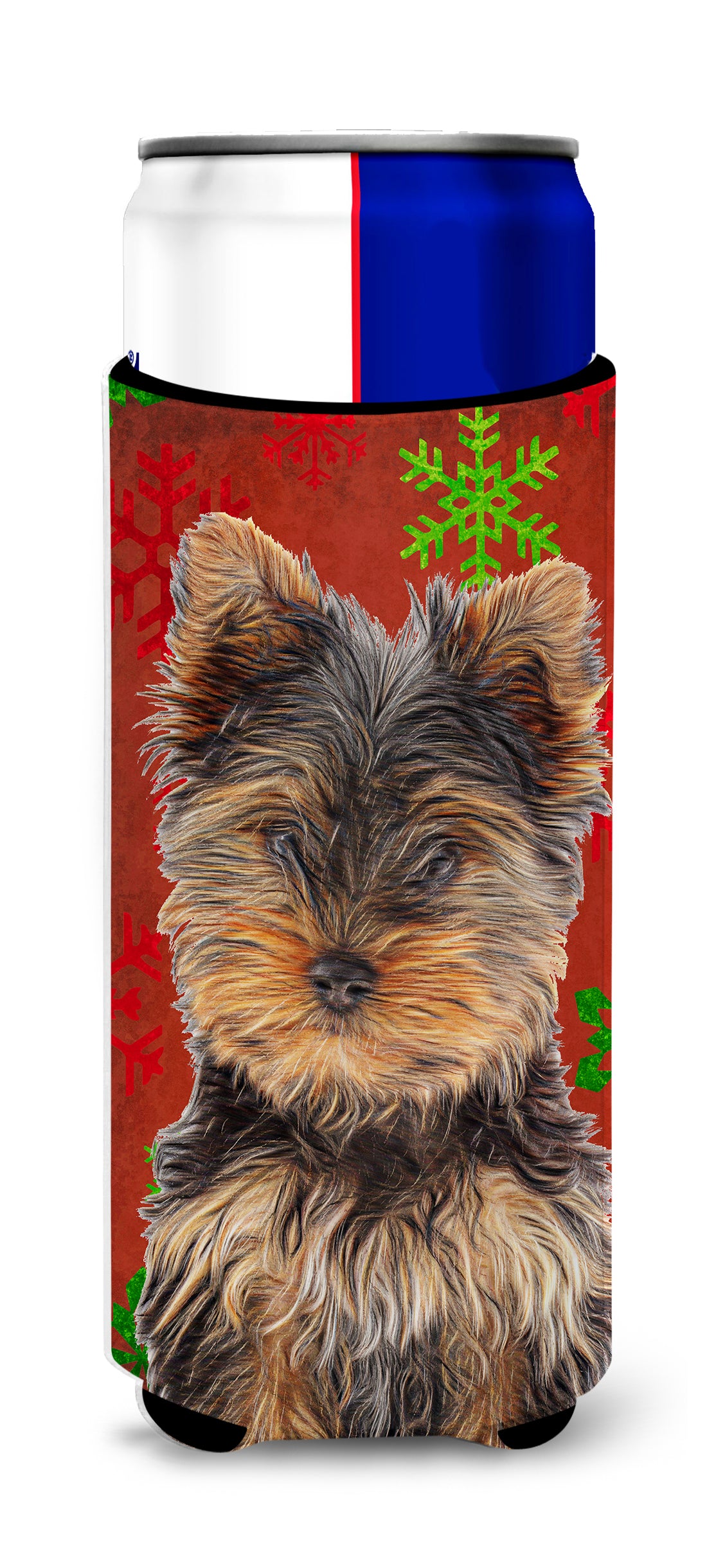 Red Snowflakes Holiday Christmas Yorkie Puppy / Yorkshire Terrier Ultra Beverage Insulators for slim cans KJ1188MUK