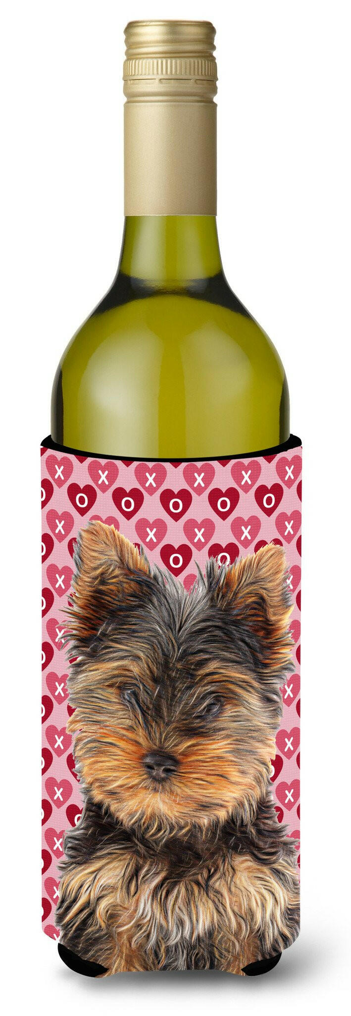 Hearts Love and Valentine&#39;s Day Yorkie Puppy / Yorkshire Terrier Wine Bottle Beverage Insulator Hugger KJ1195LITERK by Caroline&#39;s Treasures