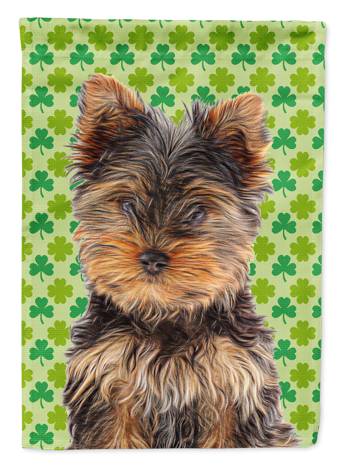 St. Patrick&#39;s Day Shamrock Yorkie Puppy / Yorkshire Terrier Flag Canvas House Size KJ1202CHF