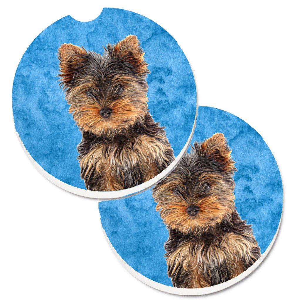 Blue Yorkie Puppy / Yorkshire Terrier Set of 2 Cup Holder Car Coasters KJ1230BUCARC by Caroline&#39;s Treasures