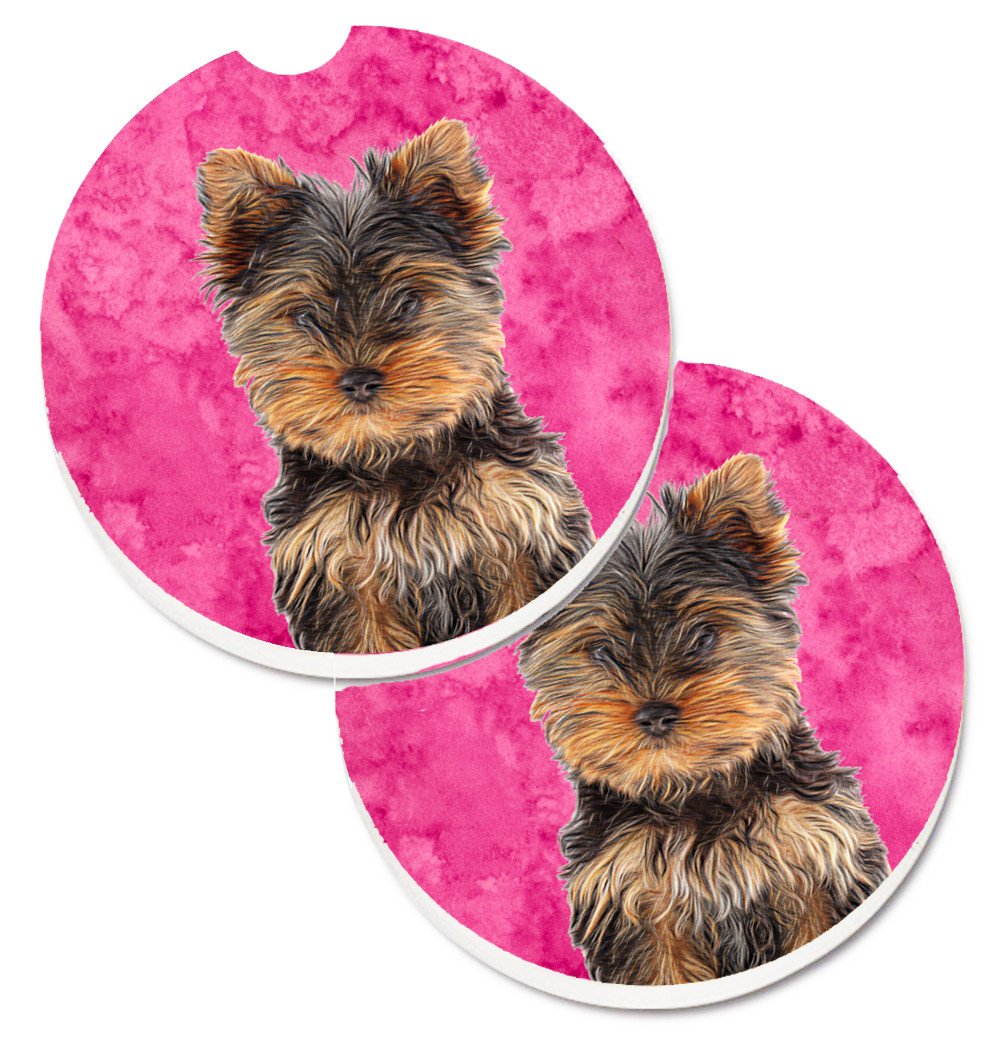 Pink Yorkie Puppy / Yorkshire Terrier Set of 2 Cup Holder Car Coasters KJ1230PKCARC by Caroline&#39;s Treasures