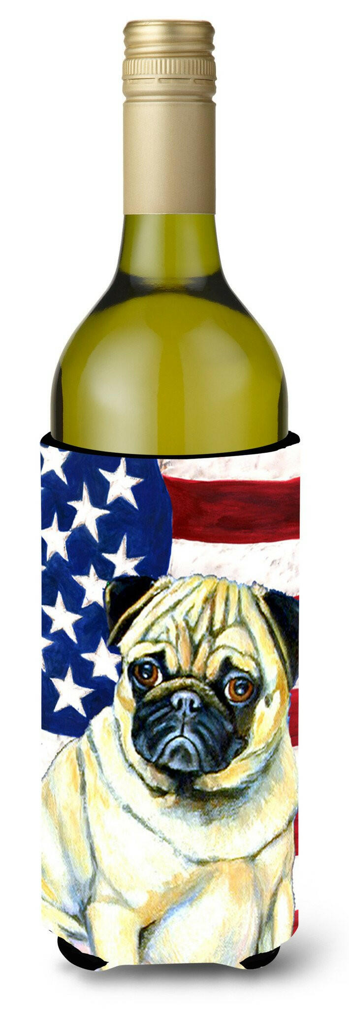 USA American Flag with Pug Wine Bottle Beverage Insulator Beverage Insulator Hugger by Caroline's Treasures