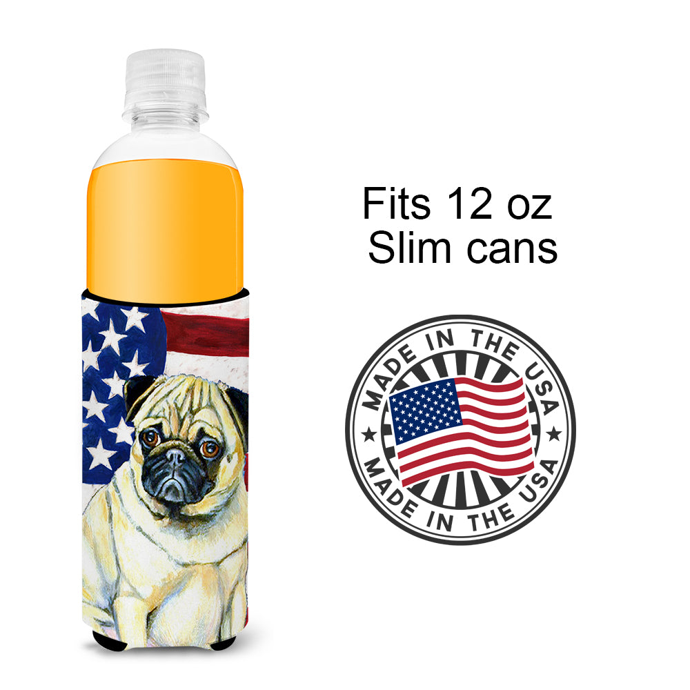 USA American Flag with Pug Ultra Beverage Insulators for slim cans LH9002MUK.