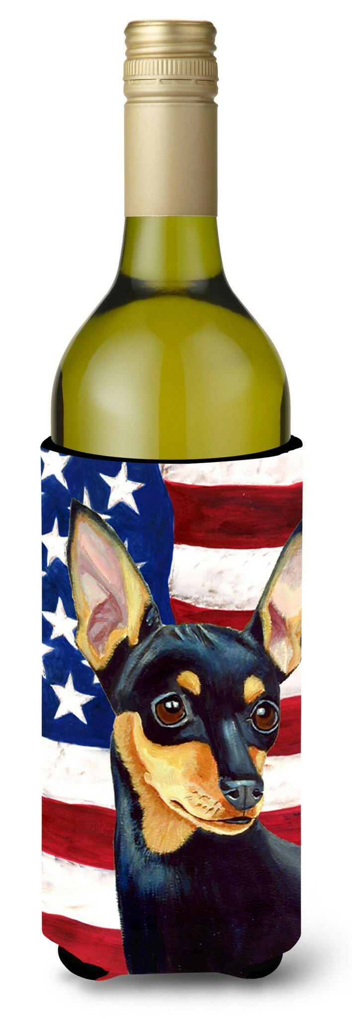 USA American Flag with Min Pin Wine Bottle Beverage Insulator Beverage Insulator Hugger by Caroline&#39;s Treasures