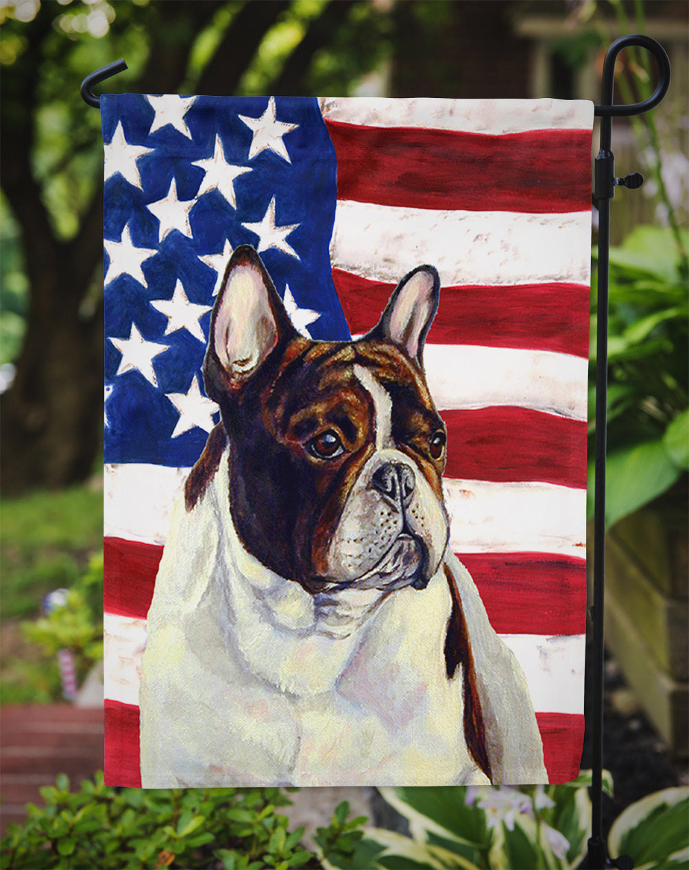 Caroline's Treasures USA American Flag with French Bulldog Garden Flag – Decorative Outdoor Yard Flag