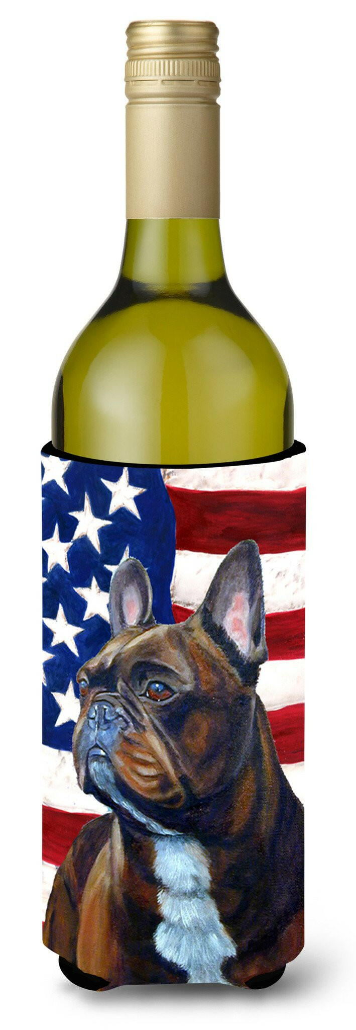 USA American Flag with French Bulldog Wine Bottle Beverage Insulator Beverage Insulator Hugger LH9010LITERK by Caroline&#39;s Treasures