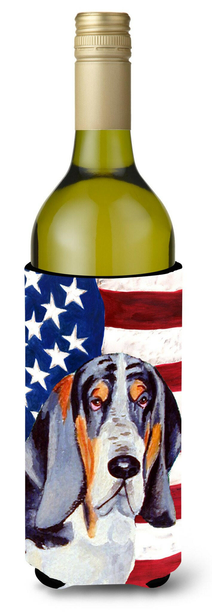 USA American Flag with Basset Hound Wine Bottle Beverage Insulator Beverage Insulator Hugger by Caroline's Treasures