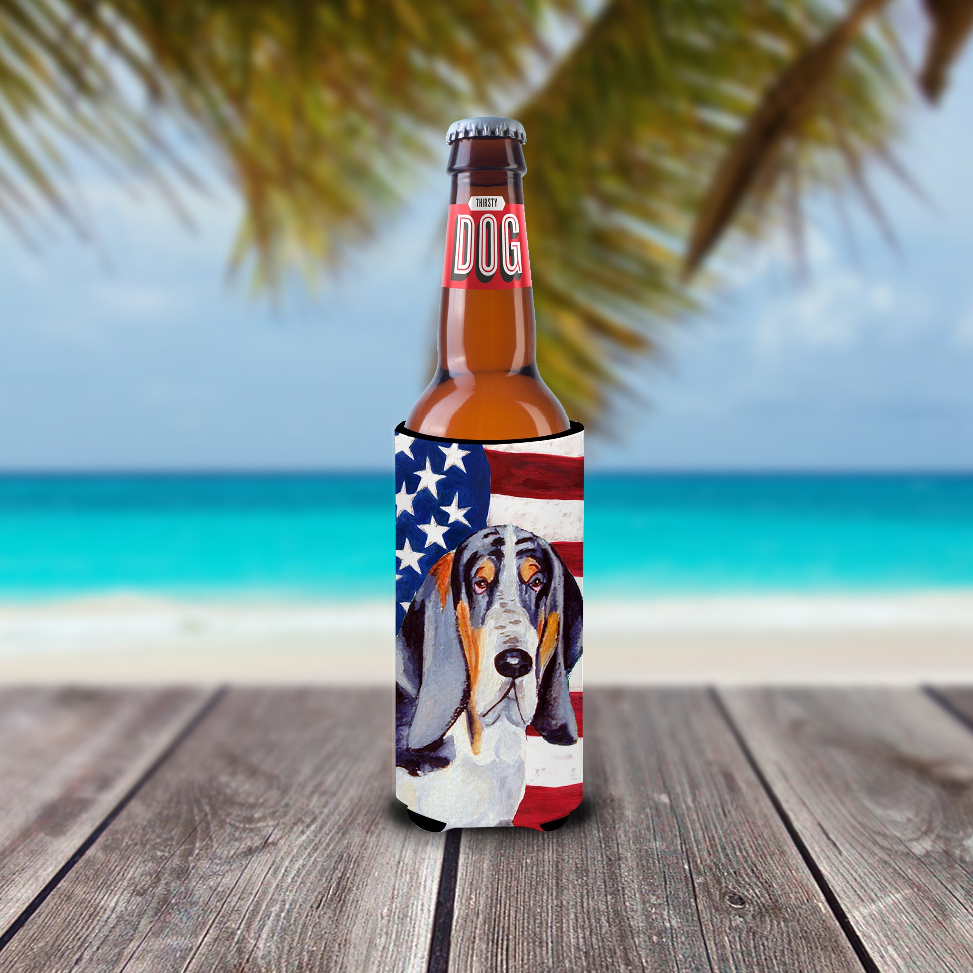 USA American Flag with Basset Hound Ultra Beverage Insulators for slim cans LH9014MUK.