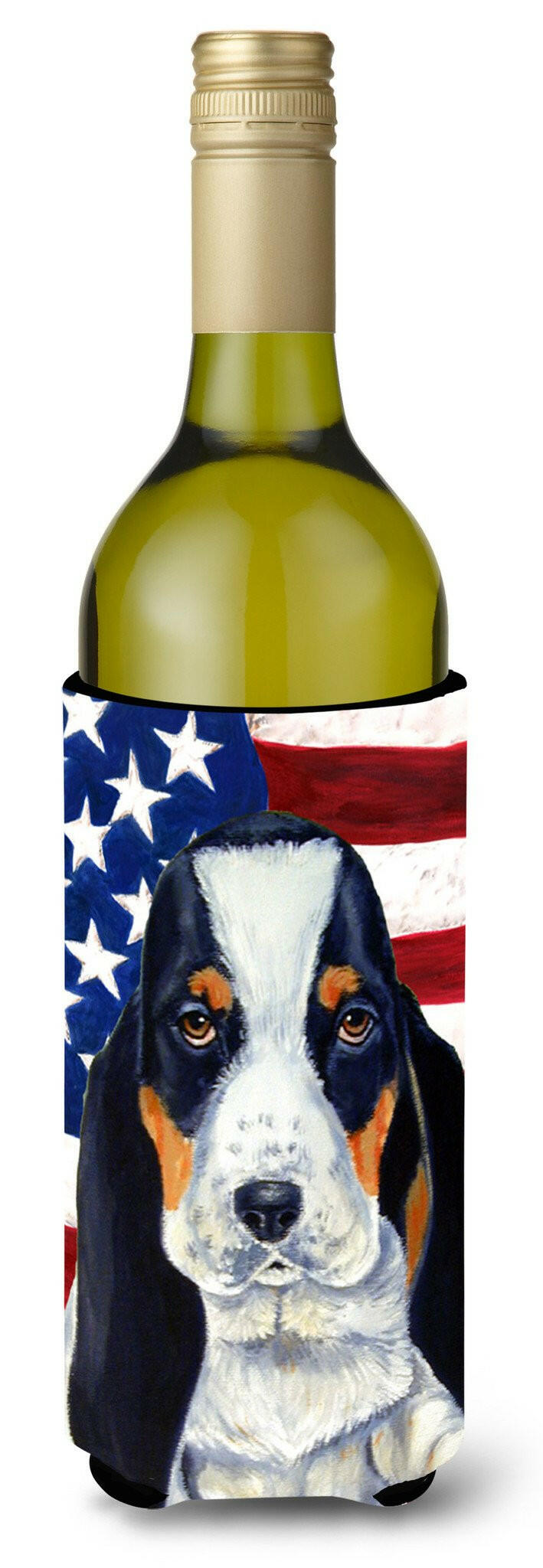 USA American Flag with Basset Hound Wine Bottle Beverage Insulator Beverage Insulator Hugger LH9015LITERK by Caroline's Treasures