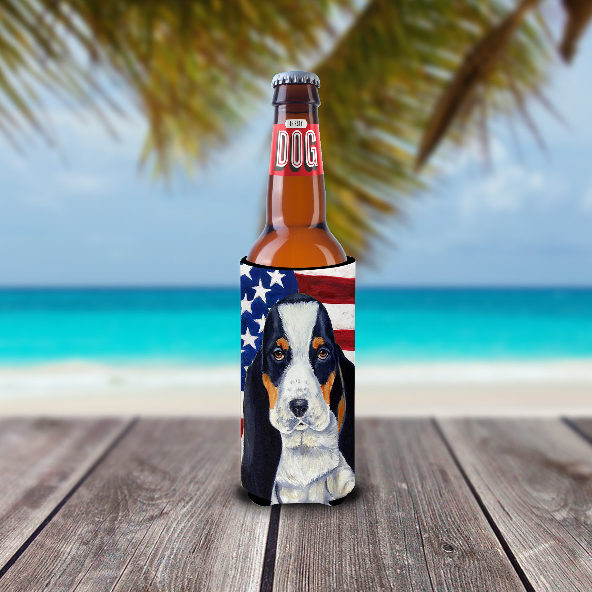 USA American Flag with Basset Hound Ultra Beverage Insulators for slim cans LH9015MUK.