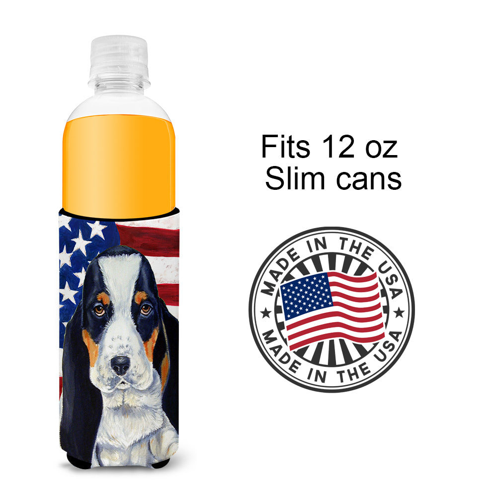USA American Flag with Basset Hound Ultra Beverage Insulators for slim cans LH9015MUK.