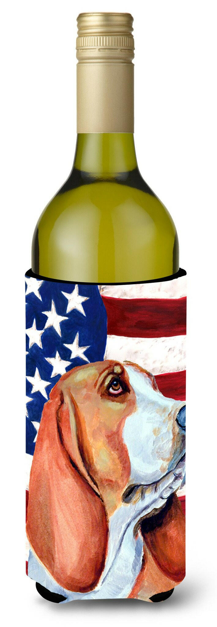 USA American Flag with Basset Hound Wine Bottle Beverage Insulator Beverage Insulator Hugger LH9017LITERK by Caroline&#39;s Treasures