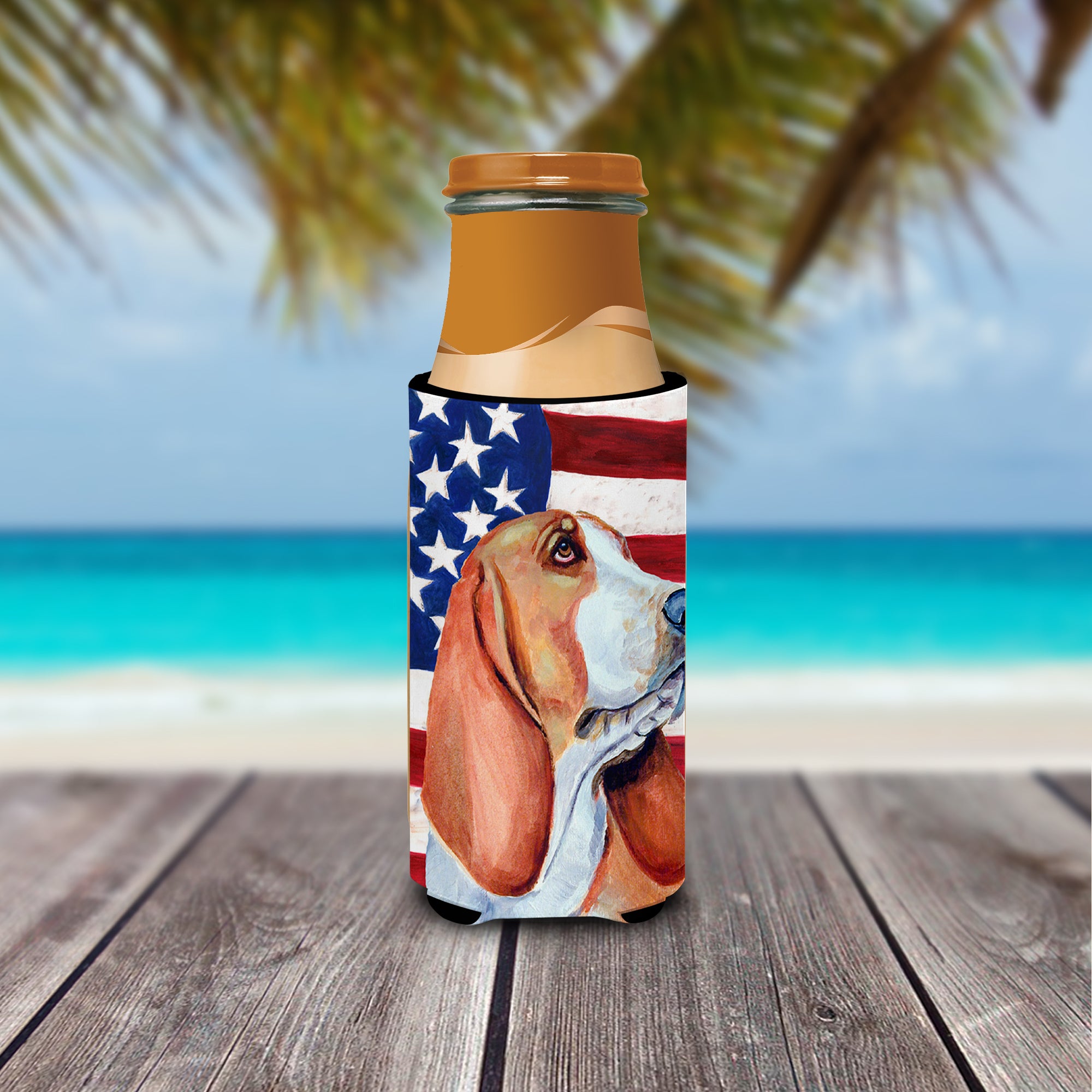 USA American Flag with Basset Hound Ultra Beverage Insulators for slim cans LH9017MUK.