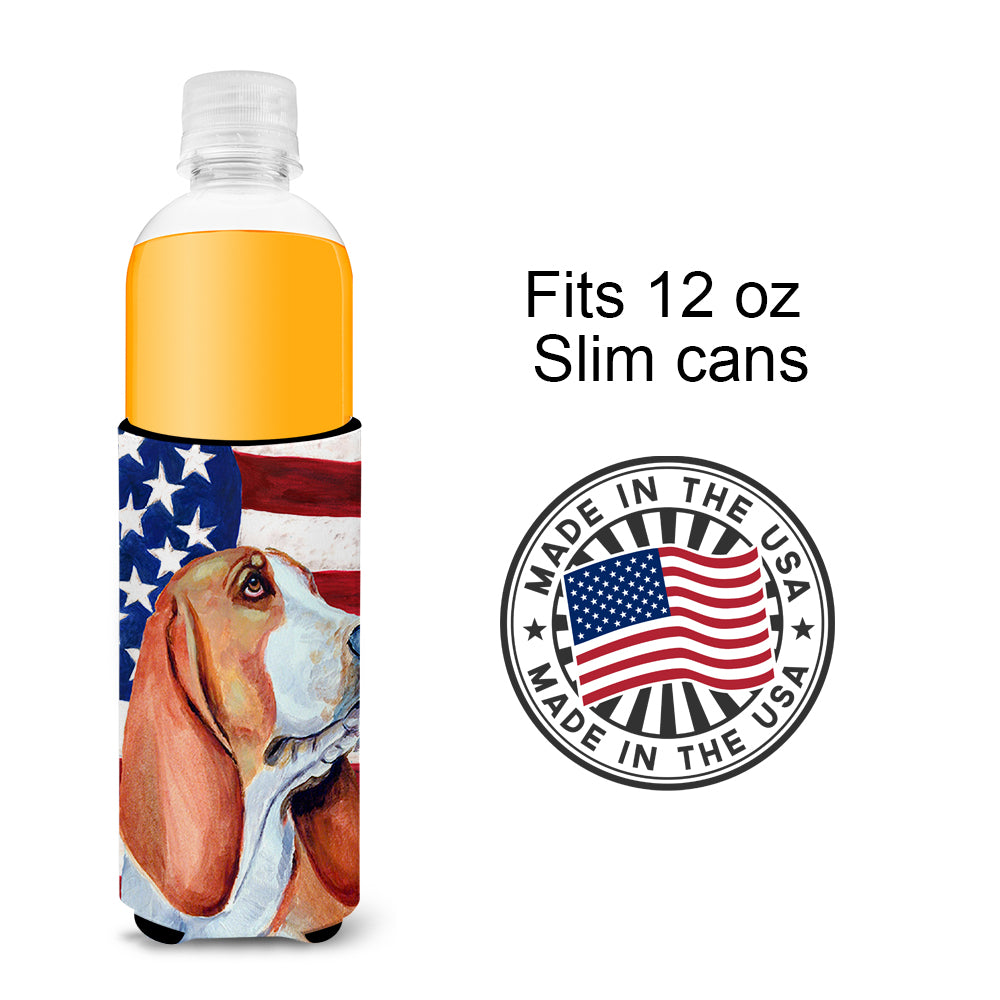 USA American Flag with Basset Hound Ultra Beverage Insulators for slim cans LH9017MUK.