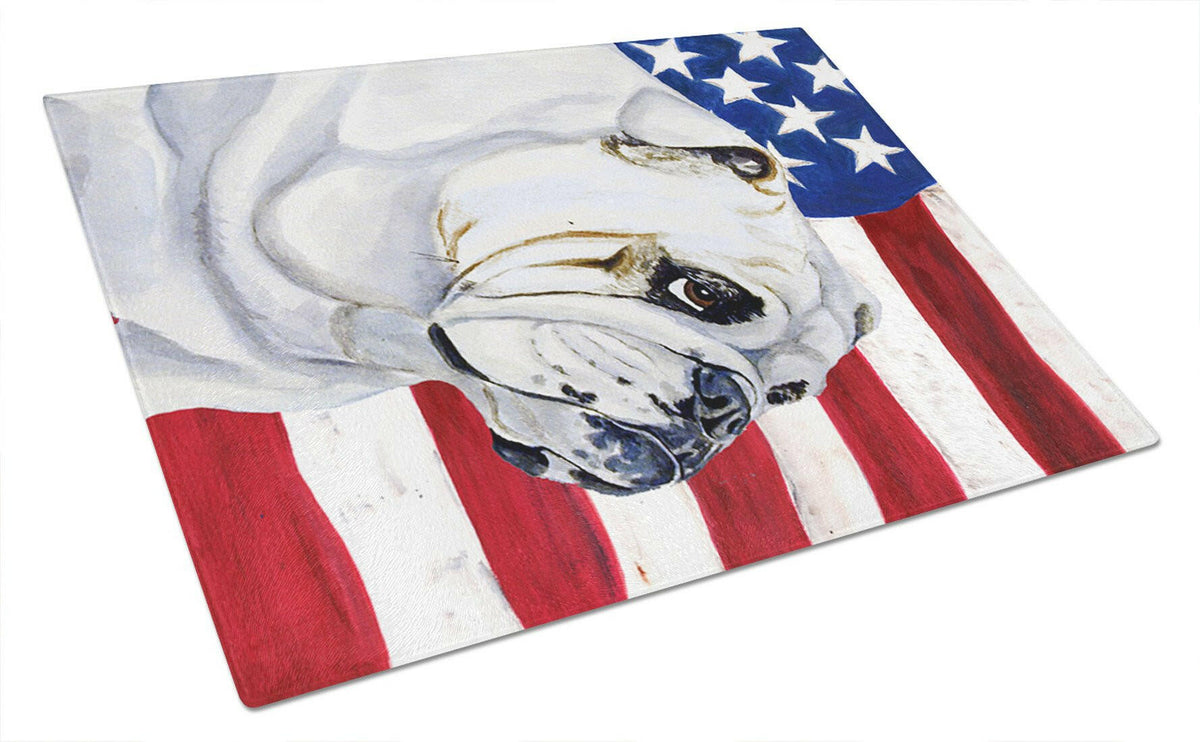 USA American Flag with English Bulldog Glass Cutting Board Large by Caroline&#39;s Treasures