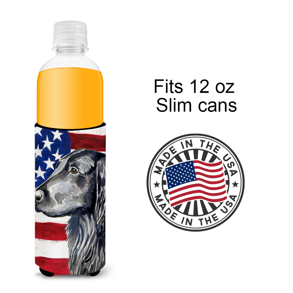 USA American Flag with Flat Coated Retriever Ultra Beverage Insulators for slim cans LH9021MUK.