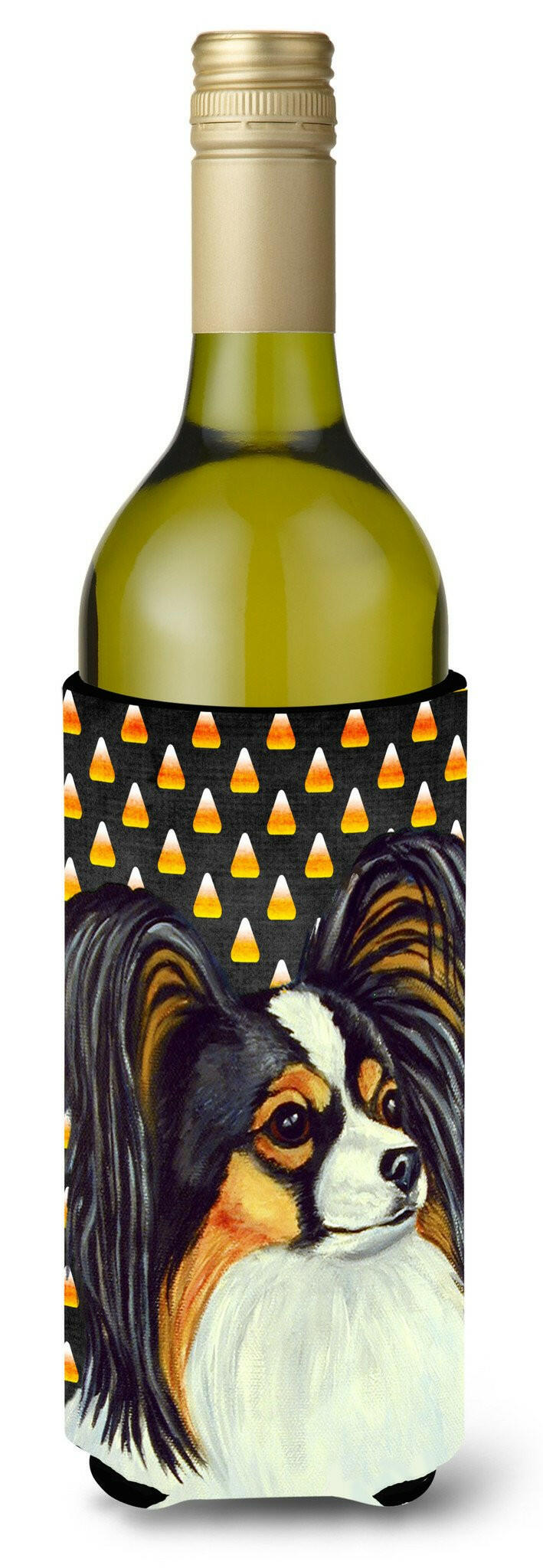 Papillon Candy Corn Halloween Portrait Wine Bottle Beverage Insulator Beverage Insulator Hugger by Caroline&#39;s Treasures