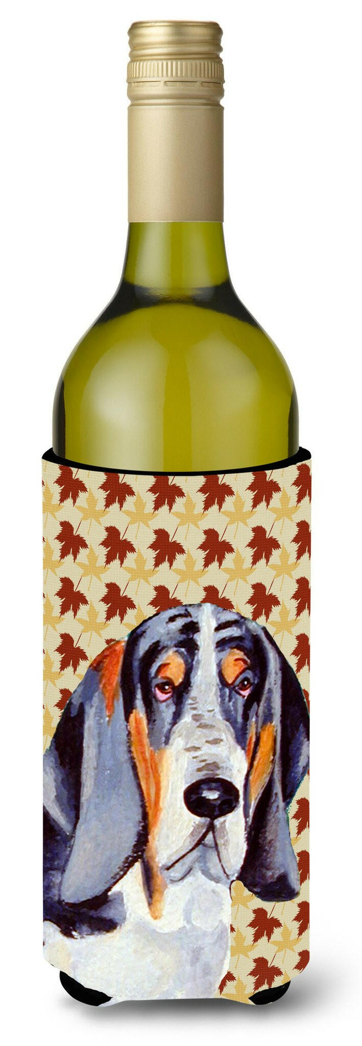 Basset Hound Fall Leaves Portrait Wine Bottle Beverage Insulator Beverage Insulator Hugger by Caroline&#39;s Treasures