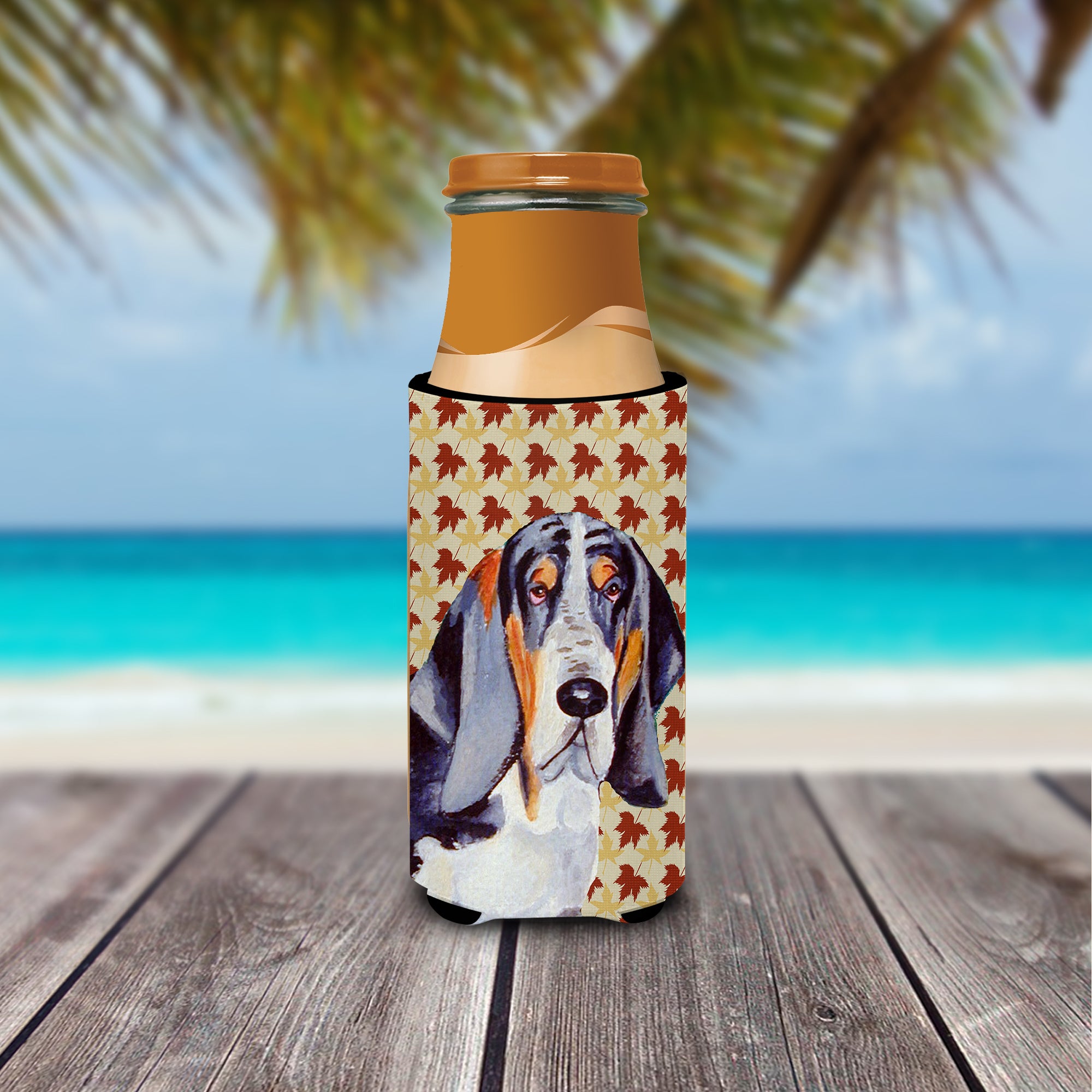 Basset Hound Fall Leaves Portrait Ultra Beverage Insulators for slim cans LH9102MUK.