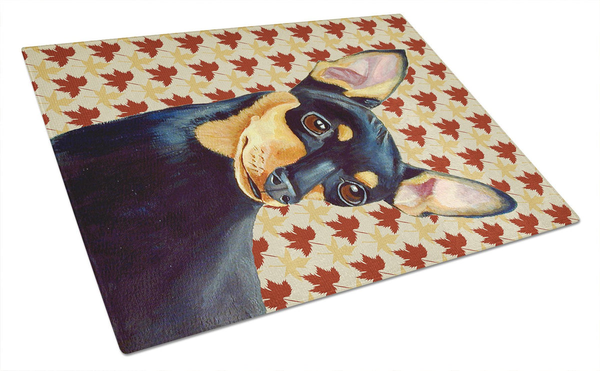Min Pin Fall Leaves Portrait Glass Cutting Board Large by Caroline&#39;s Treasures