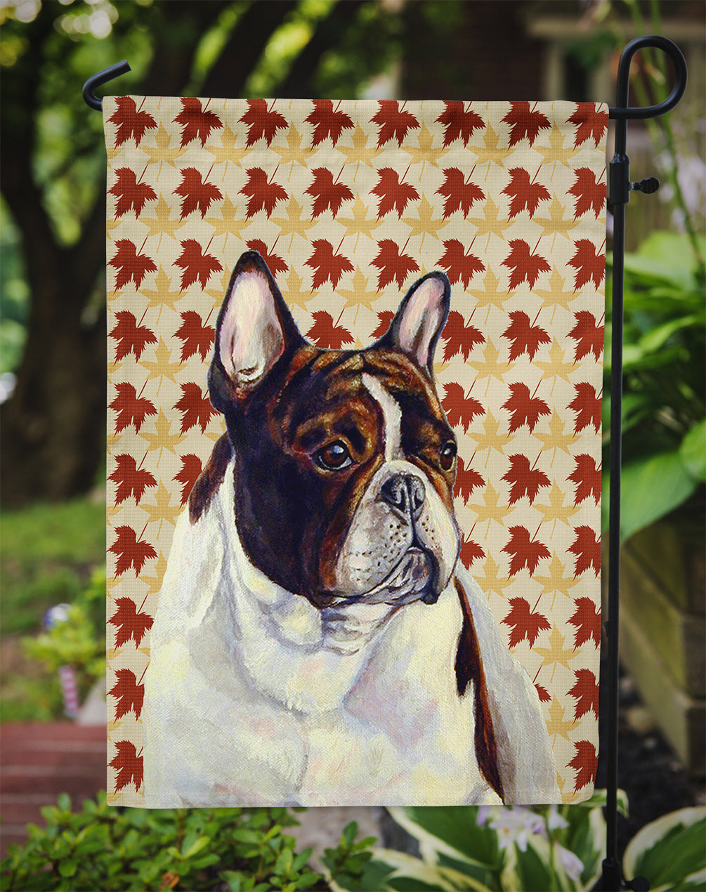 French Bulldog Fall Leaves Portrait Flag Garden Size.