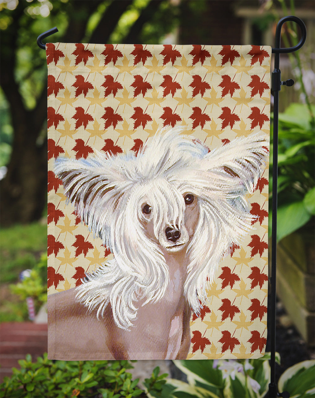 Chinese Crested Fall Leaves Portrait Flag Garden Size.