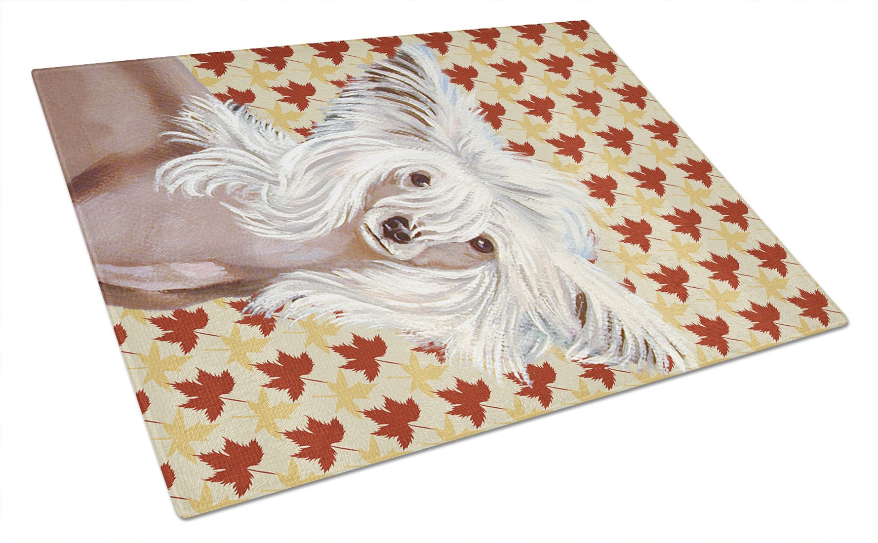 Chinese Crested Fall Leaves Portrait Glass Cutting Board Large by Caroline's Treasures