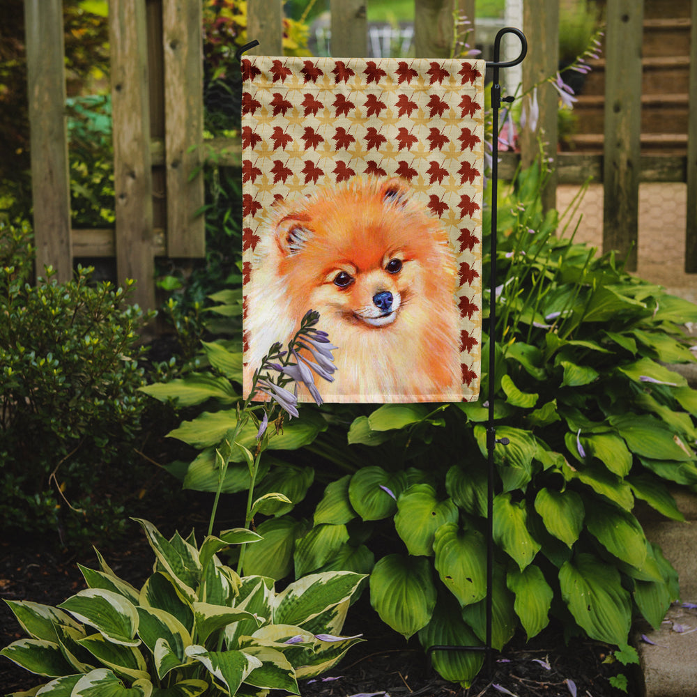 Pomeranian Fall Leaves Portrait Flag Garden Size.