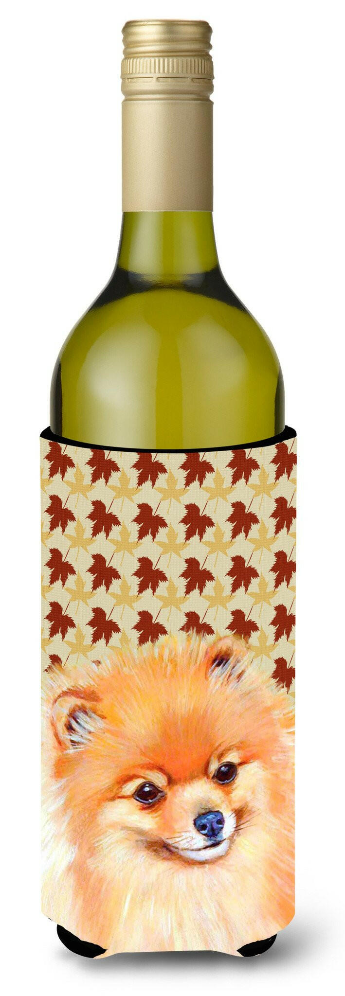 Pomeranian Fall Leaves Portrait Wine Bottle Beverage Insulator Beverage Insulator Hugger by Caroline&#39;s Treasures