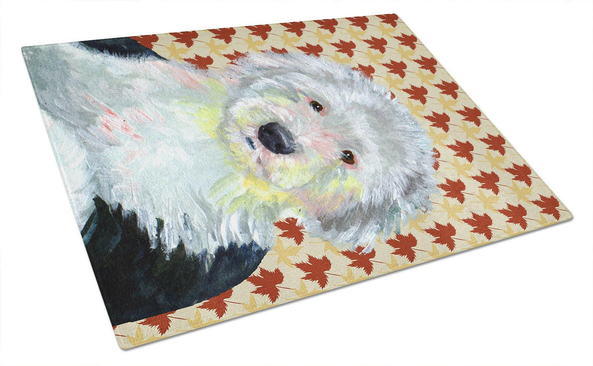 Old English Sheepdog Fall Leaves Portrait Glass Cutting Board Large by Caroline&#39;s Treasures