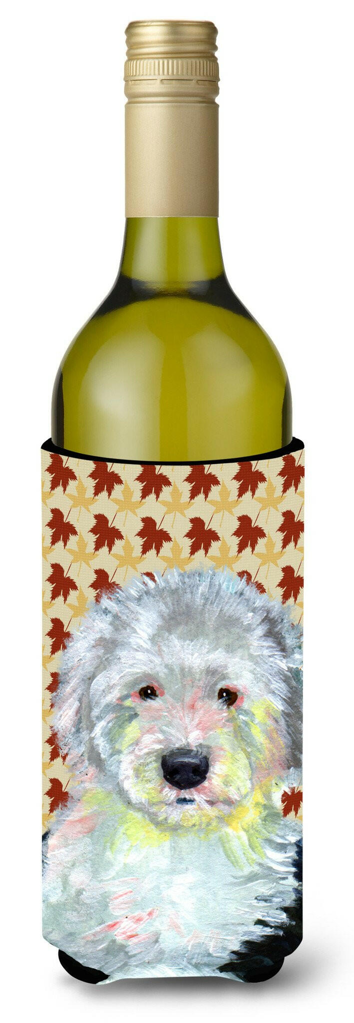 Old English Sheepdog Fall Leaves Portrait Wine Bottle Beverage Insulator Beverage Insulator Hugger by Caroline&#39;s Treasures