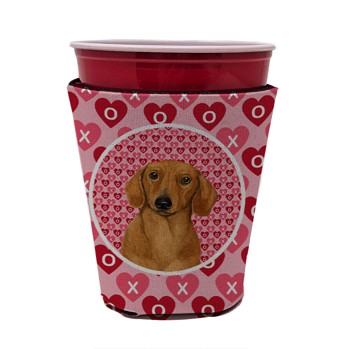 Dachshund Valentine&#39;s Love and Hearts Red Cup Beverage Insulator Hugger
