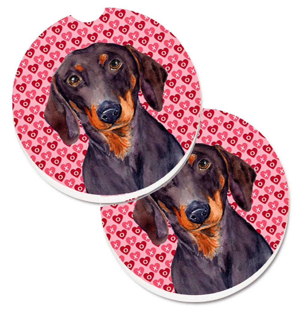 Dachshund Hearts Love and Valentine&#39;s Day Portrait Set of 2 Cup Holder Car Coasters LH9133CARC by Caroline&#39;s Treasures