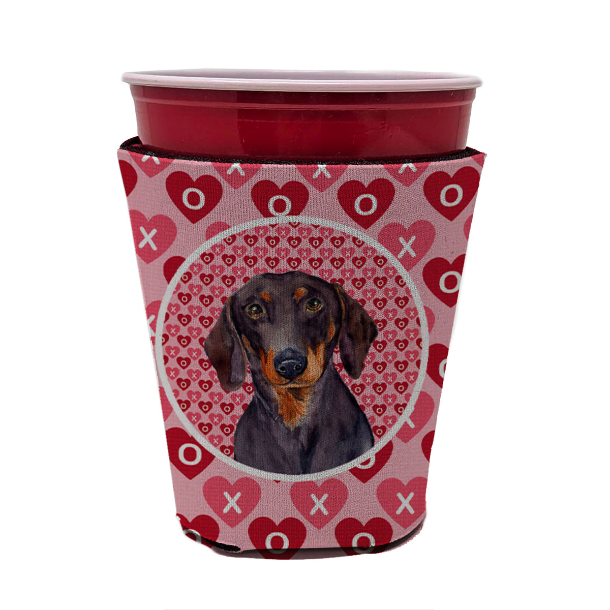 Dachshund Valentine&#39;s Love and Hearts Red Cup Beverage Insulator Hugger