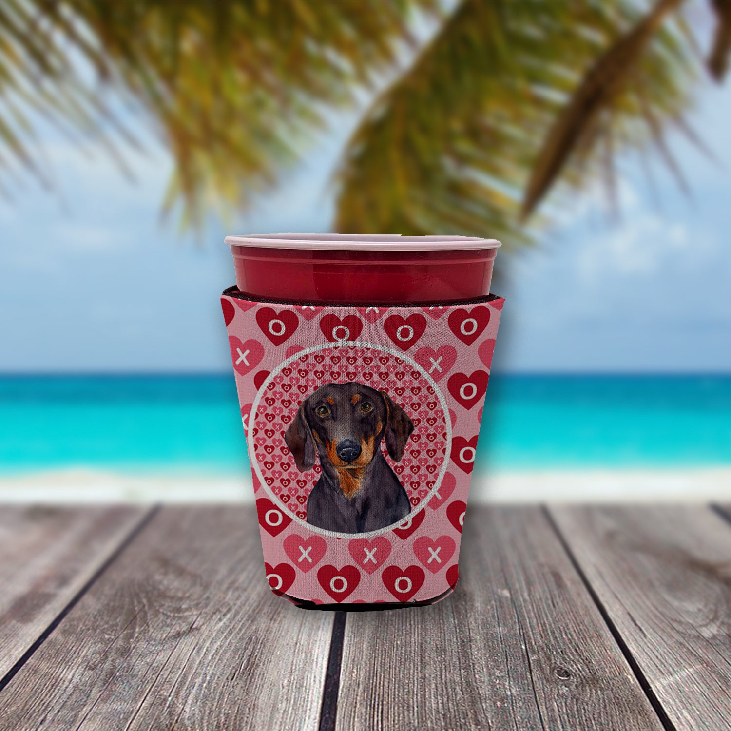 Dachshund Valentine's Love and Hearts Red Cup Beverage Insulator Hugger