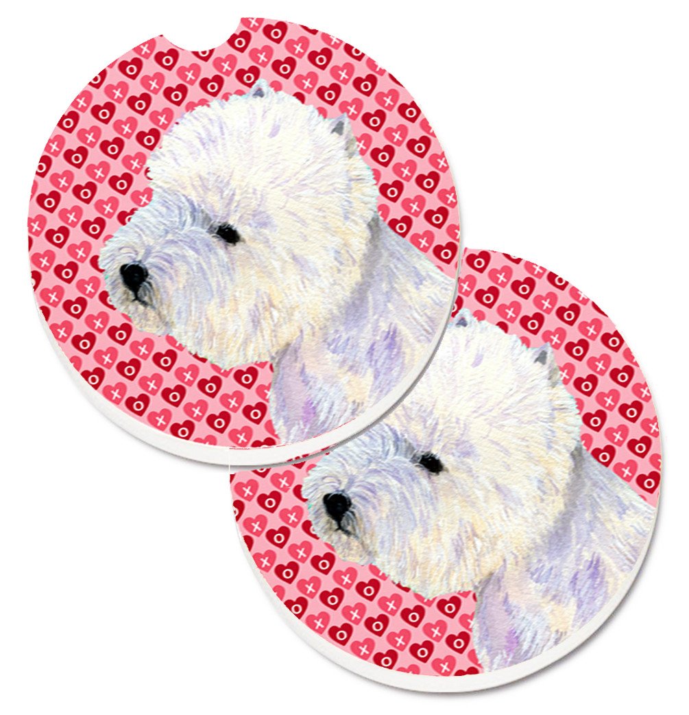 Westie Hearts Love and Valentine&#39;s Day Portrait Set of 2 Cup Holder Car Coasters LH9135CARC by Caroline&#39;s Treasures