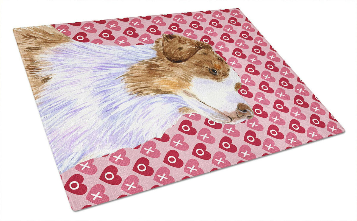 Australian Shepherd Hearts Love and Valentine&#39;s Day Glass Cutting Board Large by Caroline&#39;s Treasures