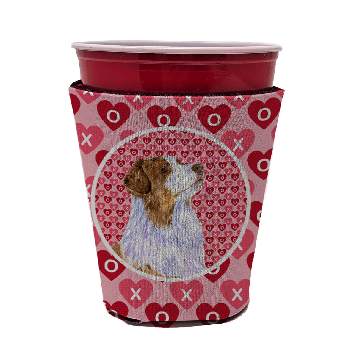Australian Shepherd Valentine&#39;s Love and Hearts Red Cup Beverage Insulator Hugger
