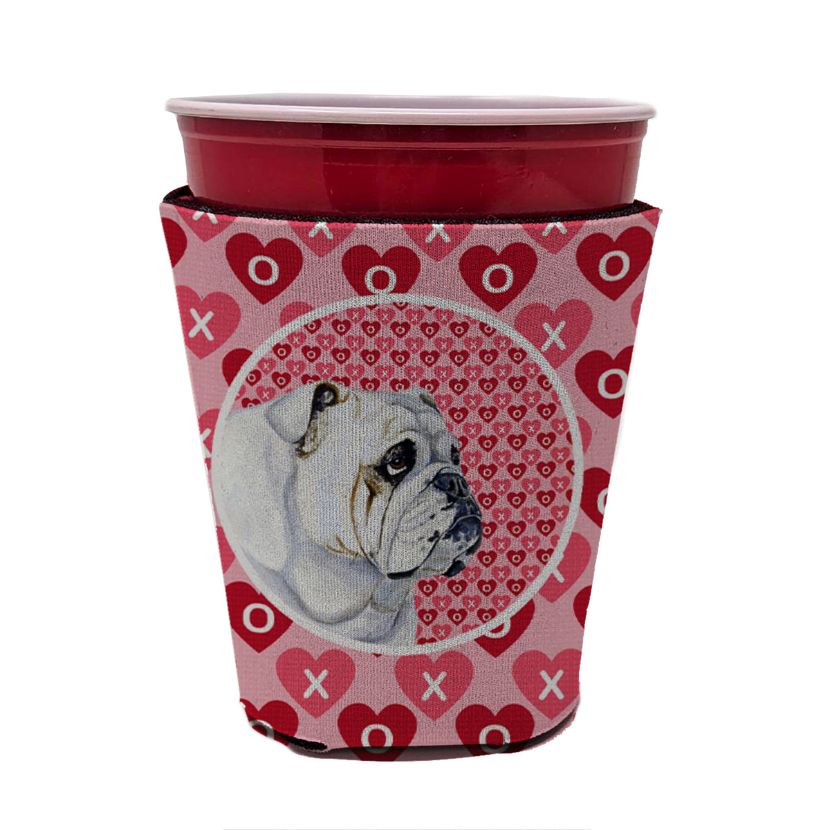 Bulldog English Valentine&#39;s Love and Hearts Red Cup Beverage Insulator Hugger