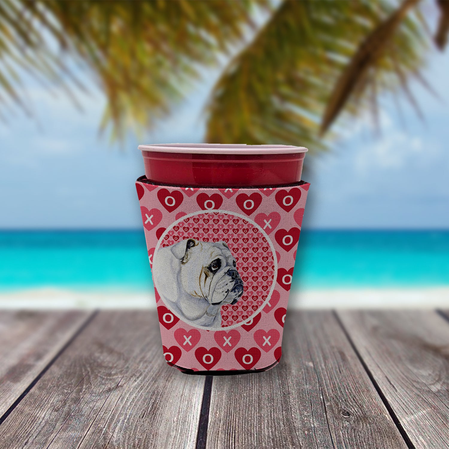 Bulldog English Valentine's Love and Hearts Red Cup Beverage Insulator Hugger