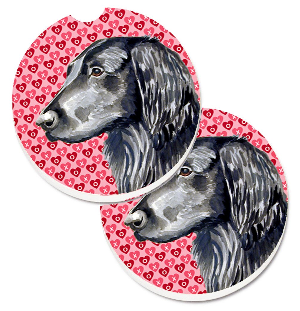 Flat Coated Retriever Hearts Love and Valentine&#39;s Day Portrait Set of 2 Cup Holder Car Coasters LH9141CARC by Caroline&#39;s Treasures