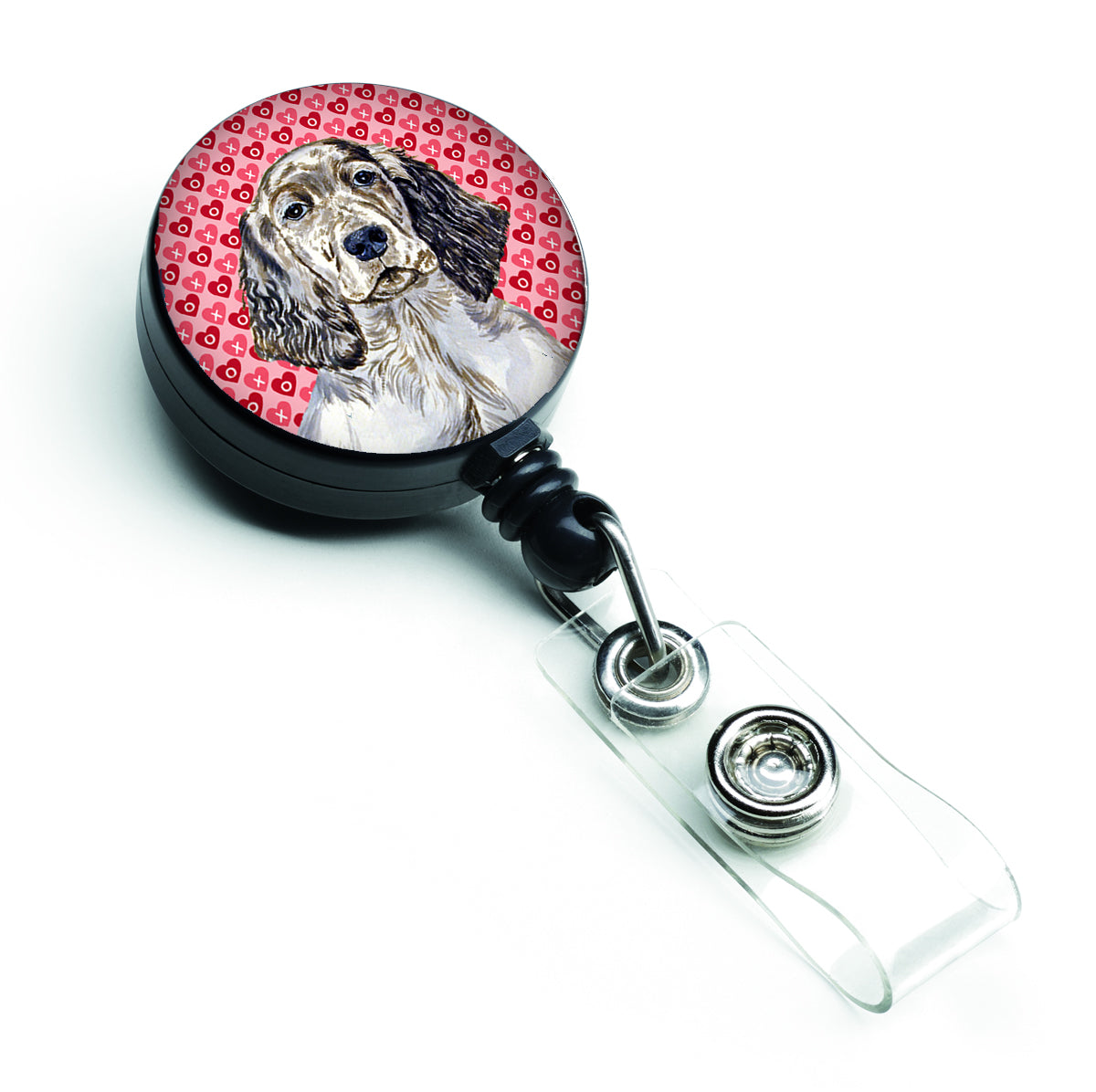 English Setter Love and Hearts Retractable Badge Reel or ID Holder with Clip.